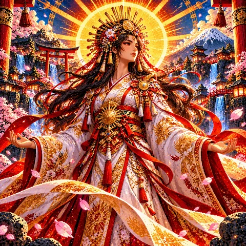 Amaterasu in flowing white, red and gold robes beneath a rising sun