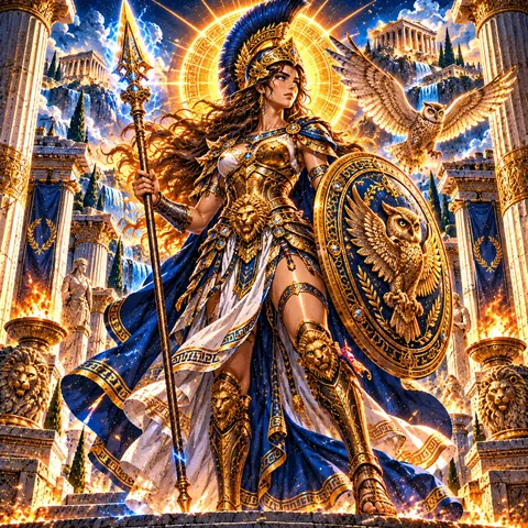 Athena in a crested golden helmet holding a spear and an owl shield