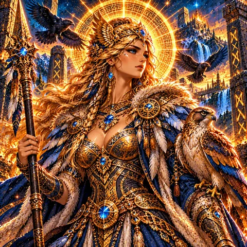 Freya in a winged golden headdress with a falcon on her arm