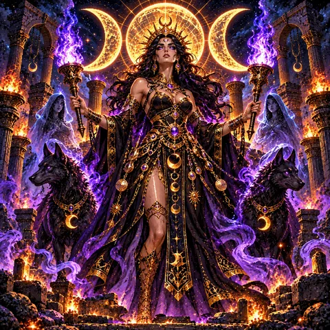 Hecate holding two violet-flame torches beneath a golden triple moon