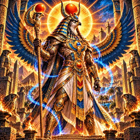 Falcon-headed Horus with a sun disc crown and spread blue-gold wings