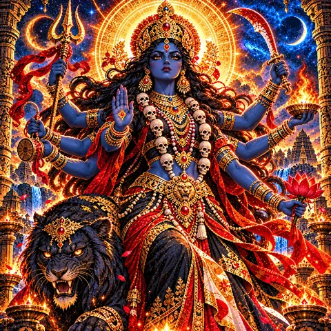 Blue-skinned, many-armed Kali riding a black lion beneath crescent moons