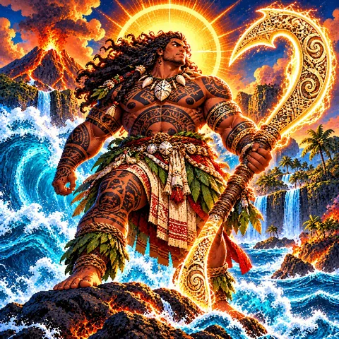 Tattooed Maui holding a glowing carved fishhook amid crashing waves