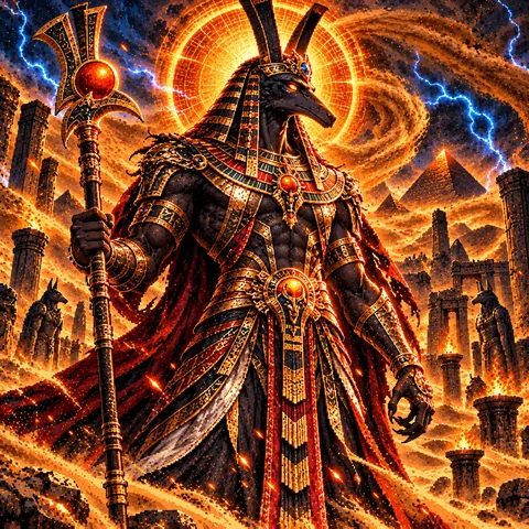 Set in red and gold Egyptian regalia amid a swirling sandstorm